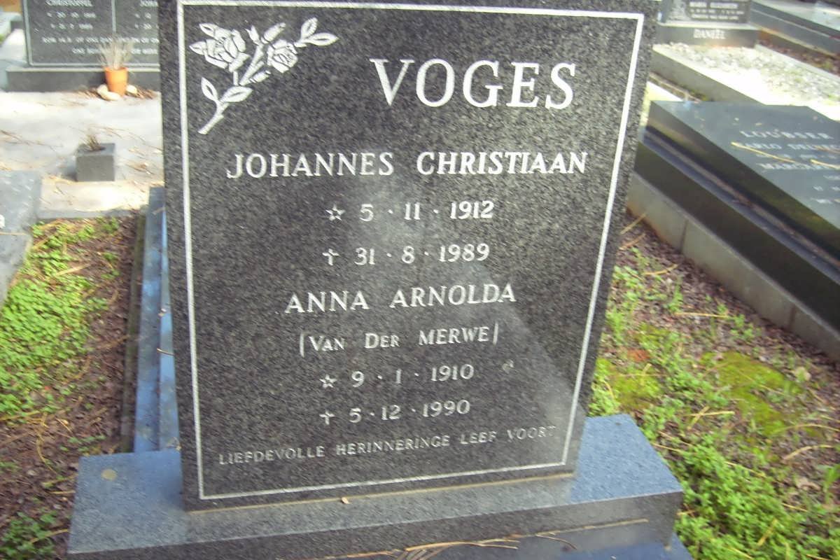 VOGES Johannes Christiaan 1912-1989 &amp; Anna Arnolda VAN DER MERWE 1910-1990