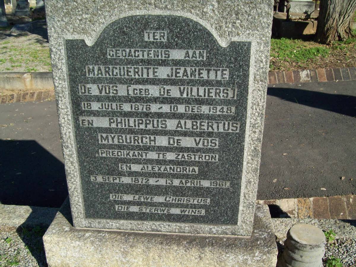 VOS Philippus Albertus Myburgh, de 1872-1961 &amp; Marguerite Jeanette DE VILLIERS 1876-1948