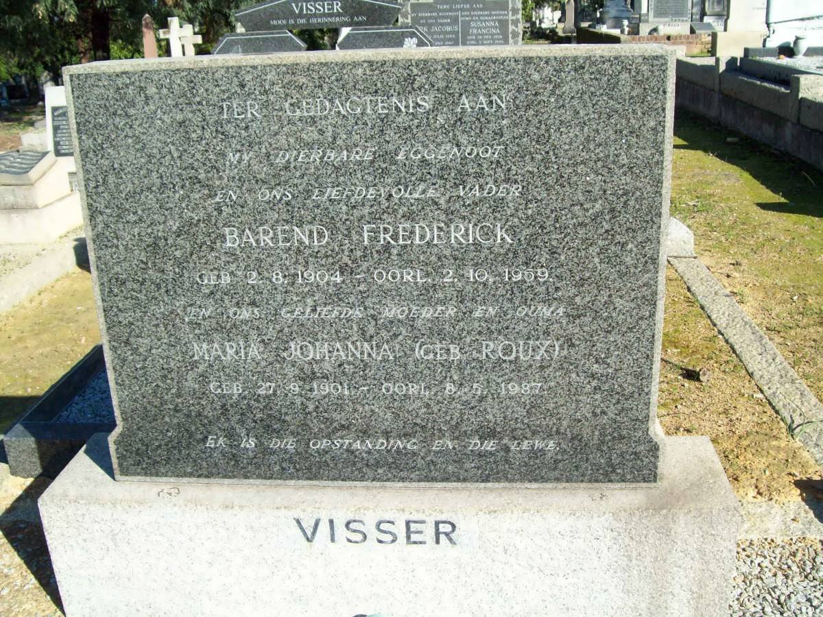 VISSER Barend Frederick 1904-1959 &amp; Maria Johanna ROUX 1901-1987