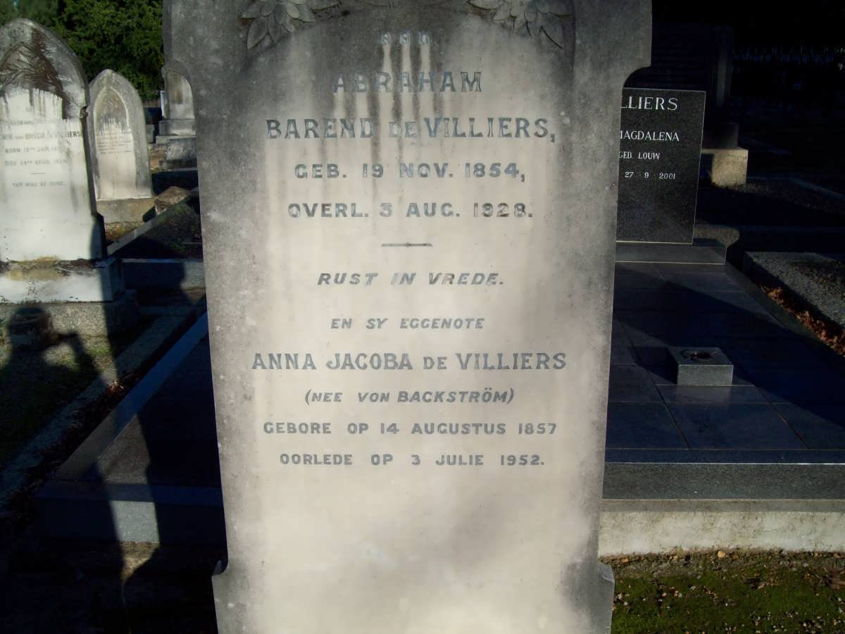 VILLIERS Abraham Barend, de 1854-1928 &amp; Anna Jacoba VON BACKSTROM 1857-1952