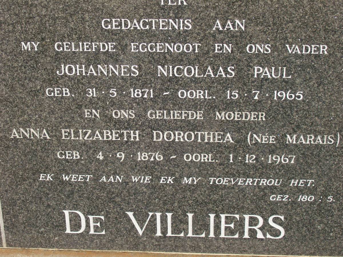 VILLIERS Johannes Nicolaas Paul, de 1871-1965 &amp; Anna Elizabeth Dorothea MARAIS 1876-1967