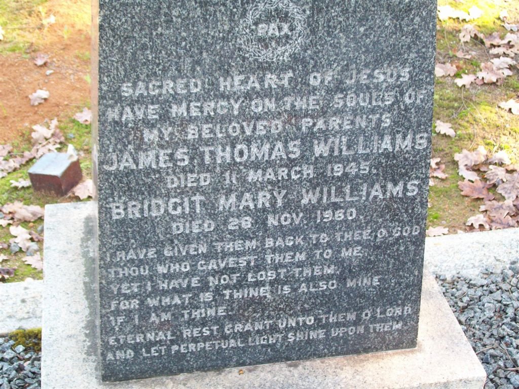 WILLIAMS James Thomas -1945 &amp; Bridget Mary -1960