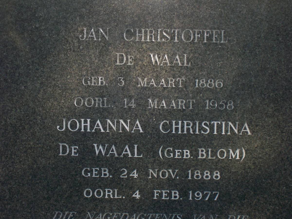 WAAL Jan Christoffel, de 1886-1958 &amp; Johanna Christina BLOM 1888-1977