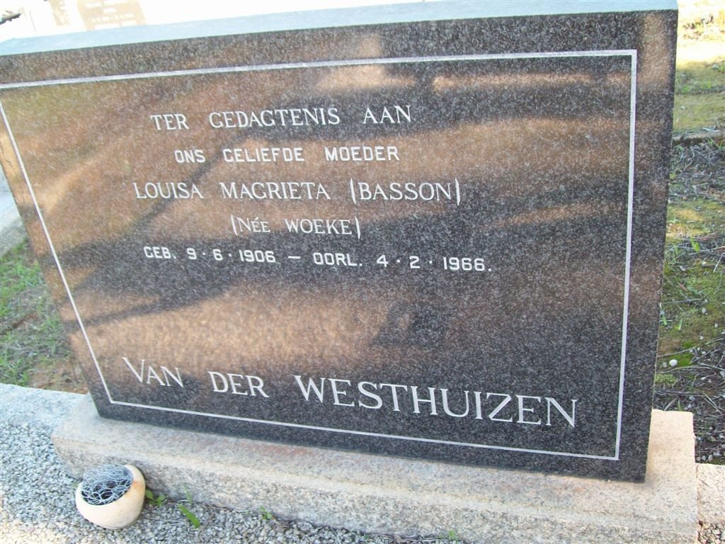 WESTHUIZEN Louisa Magrieta previously BASSON nee WOEKE 1906-1966