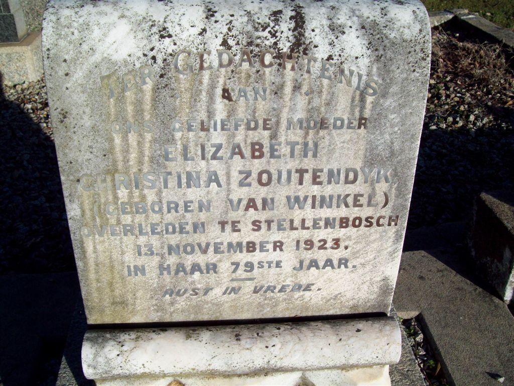 ZOUTENDYK Elizabeth Christina nee VAN WINKEL -1923