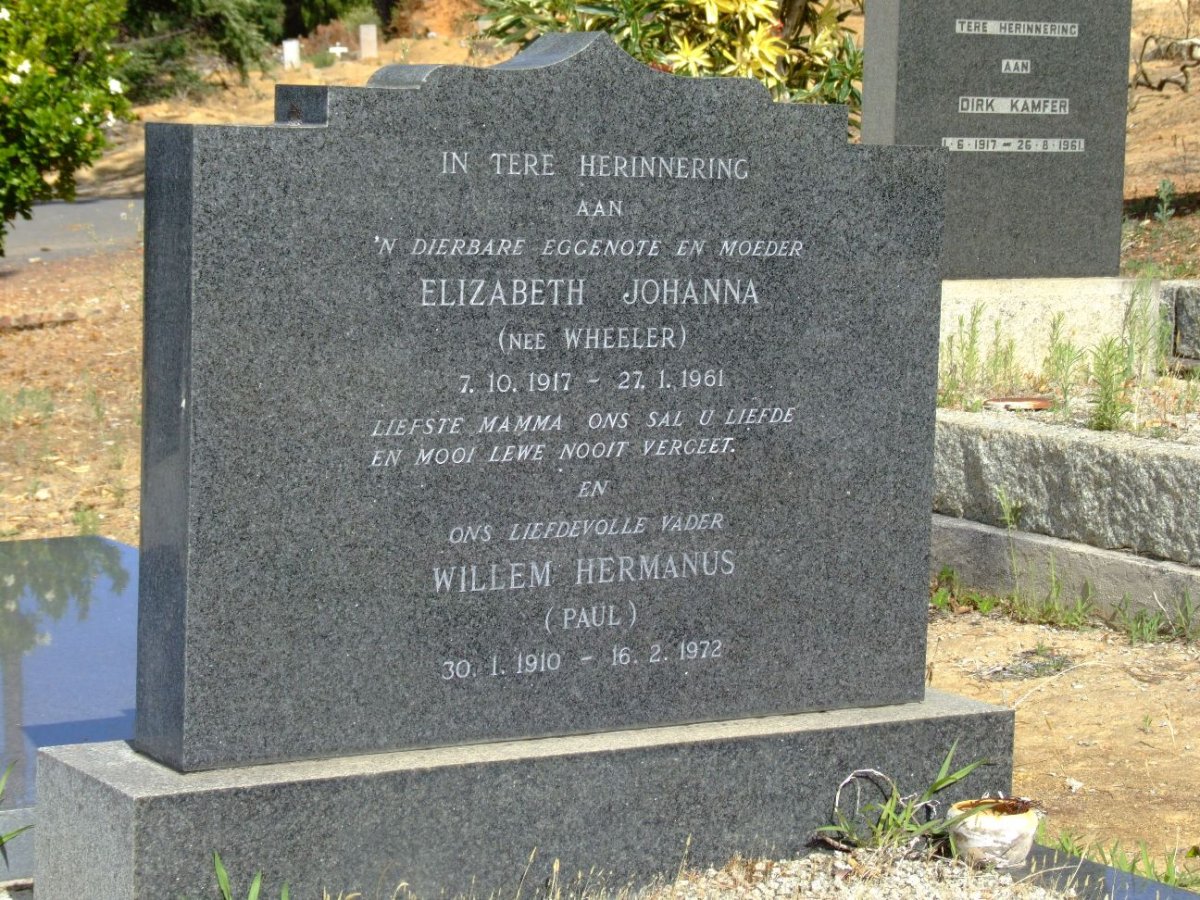 ? Willem Hermanus 1910-1972 &amp; Elizabeth Johanna WHEELER 1917-1961