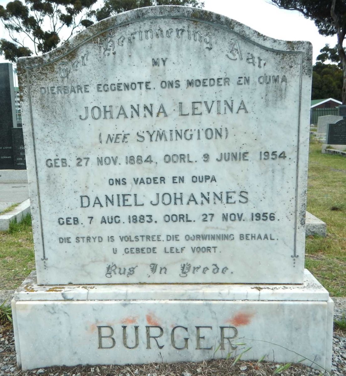BURGER Daniel Johannes 1883-1956 &amp; Johanna Levina SYMINGTON 1884-1954
