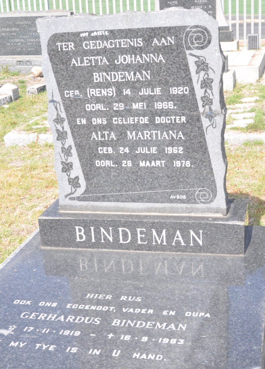 BINDEMAN Gerhardus 1919-1983 &amp; Aletta Johanna RENS 1920-1966 :: BINDEMAN Alta Martiana 1962-1978