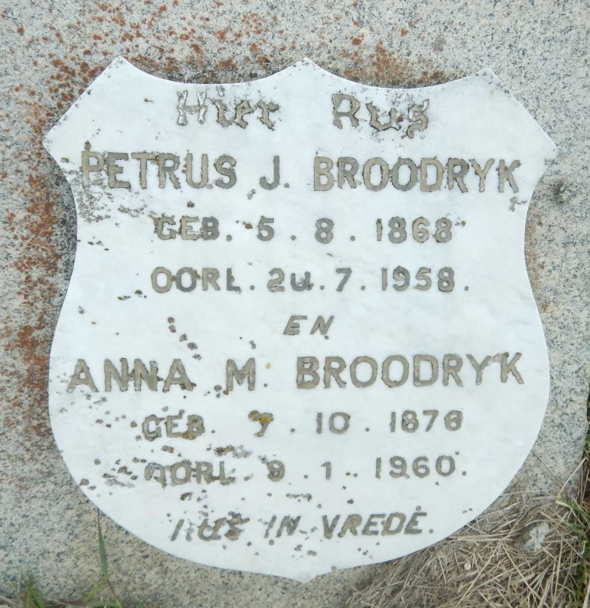 BROODRYK Petrus J. 1868-1958 &amp; Anna M. 1876-1960