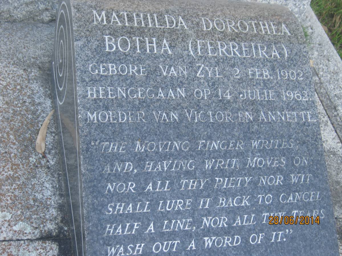 BOTHA Mathilda Dorothea previously FERREIRA nee VAN ZYL 1902-1963