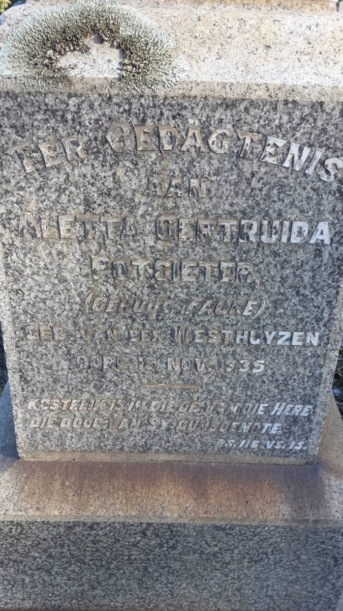 POTGIETER Aletta Gertruida voorheen FAURE nee VAN DER WESTHUYZEN -1935