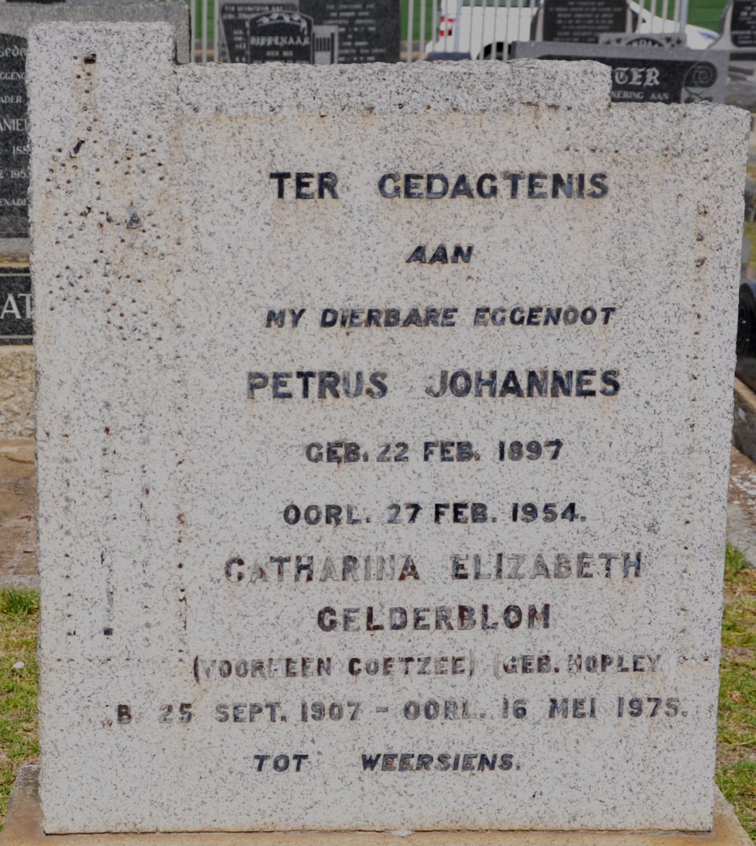 GELDERBLOM Petrus Johannes 1897-1954 &amp; Catharina Elizabeth voorheen COETZEE nee HOPLEY 1907-1975