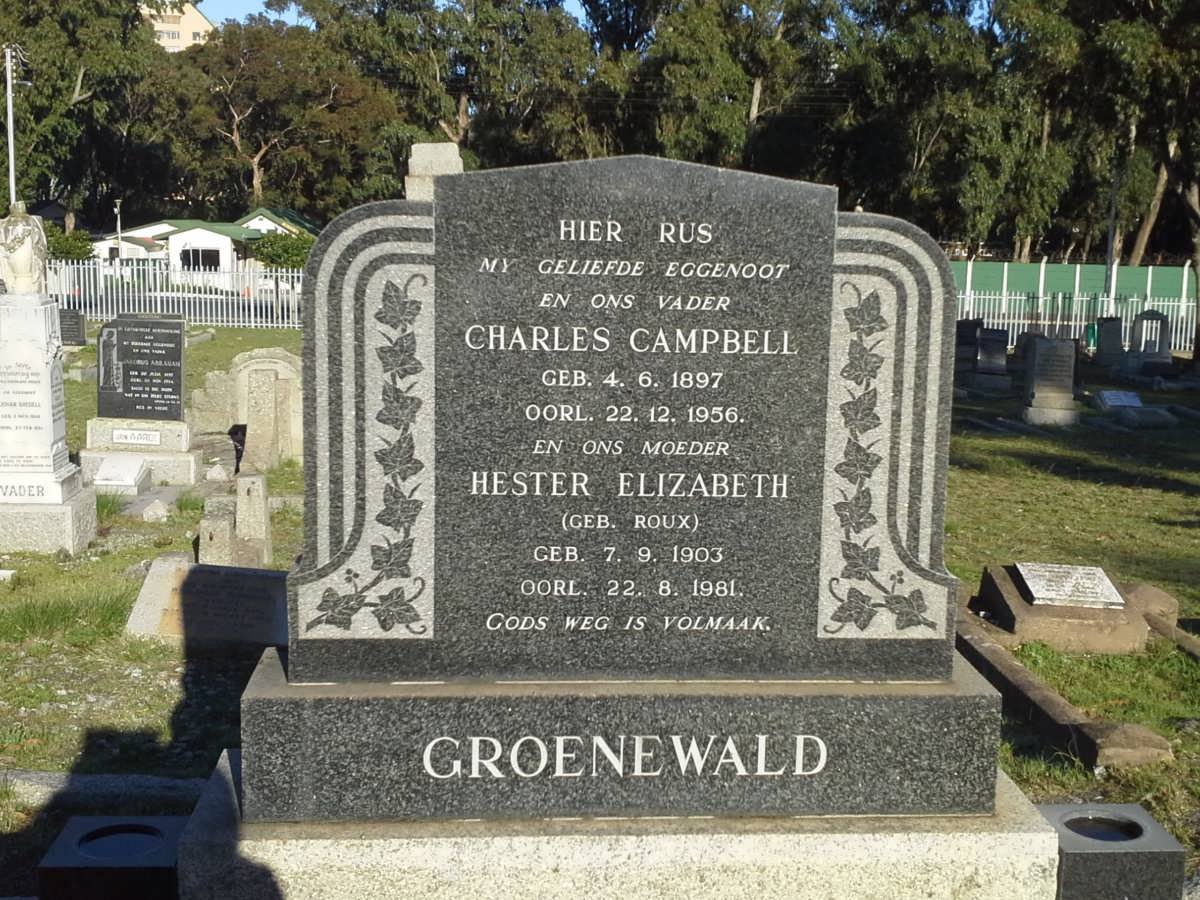 GROENEWALD Charles Campbell 1897-1956 &amp; Hester Elizabeth ROUX 1903-1981
