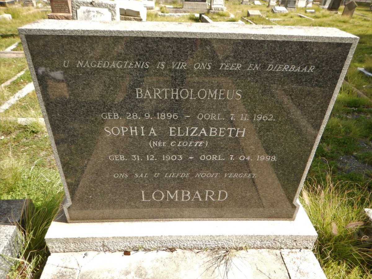 LOMBARD Bartholomeus 1896-1962 &amp; Sophia Elizabeth CLOETE 1903-1998