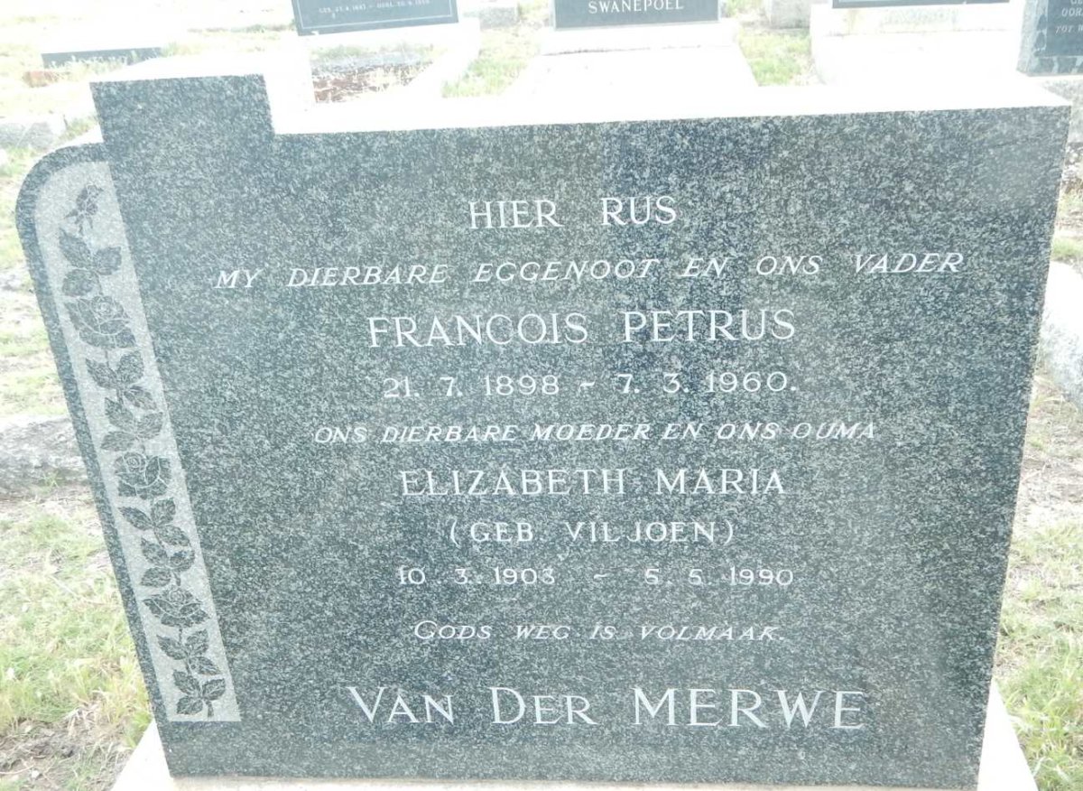 MERWE Francois Petrus, van der 1898-1960 &amp; Elizabeth Maria VILJOEN 1903-1990