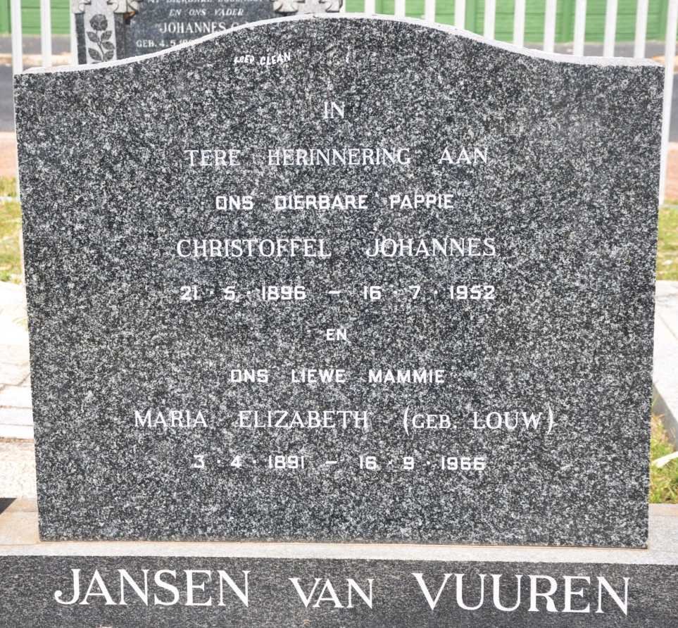 VUUREN Christoffel Johannes, Jansen van 1896-1952 &amp; Maria Elizabeth LOUW 1891-1966