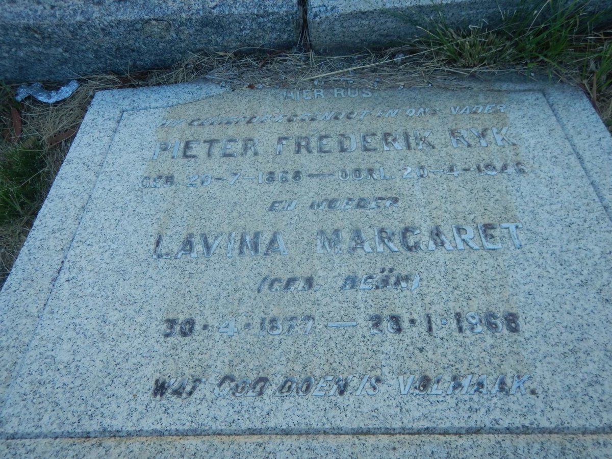 VILLIERS Pieter Frederik Ryk, de 1868-1946 &amp; Lavina Margaret BEAN 1877-1968