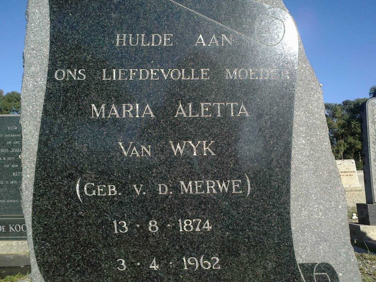 WYK Maria Aletta, van nee V.D. MERWE 1874-1962