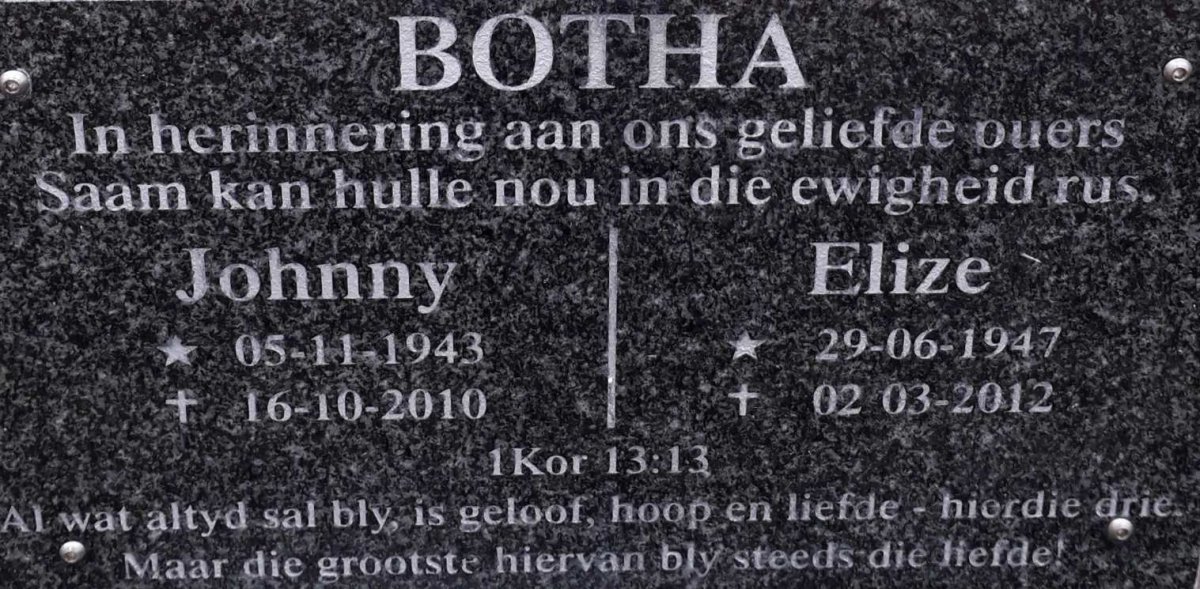 BOTHA Johnny 1943-2010 &amp; Elize 1947-2012