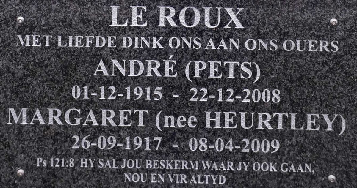 ROUX Andre, le 1915-2008 &amp; Margaret HEURTLEY 1917-2009