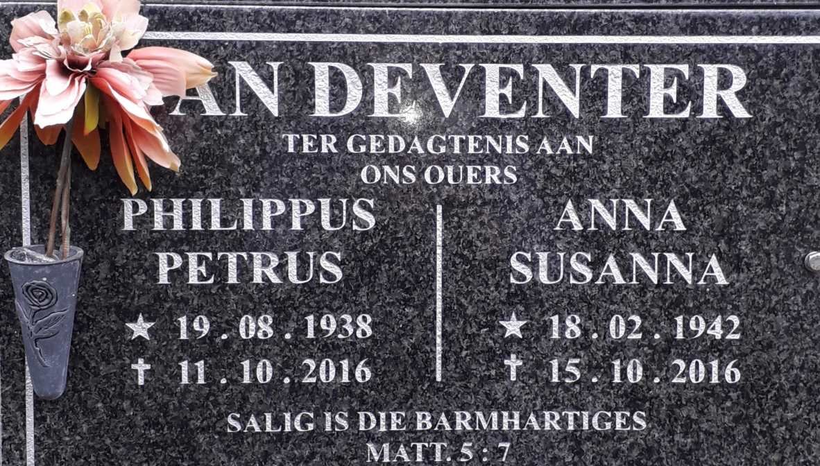 DEVENTER Philippus Petrus, van 1938-2016 &amp; Anna Susanna 1942-2016