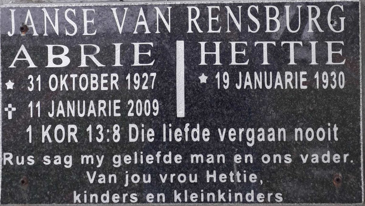 RENSBURG Abrie, Janse van 1927-2009 &amp; Hettie 1930-