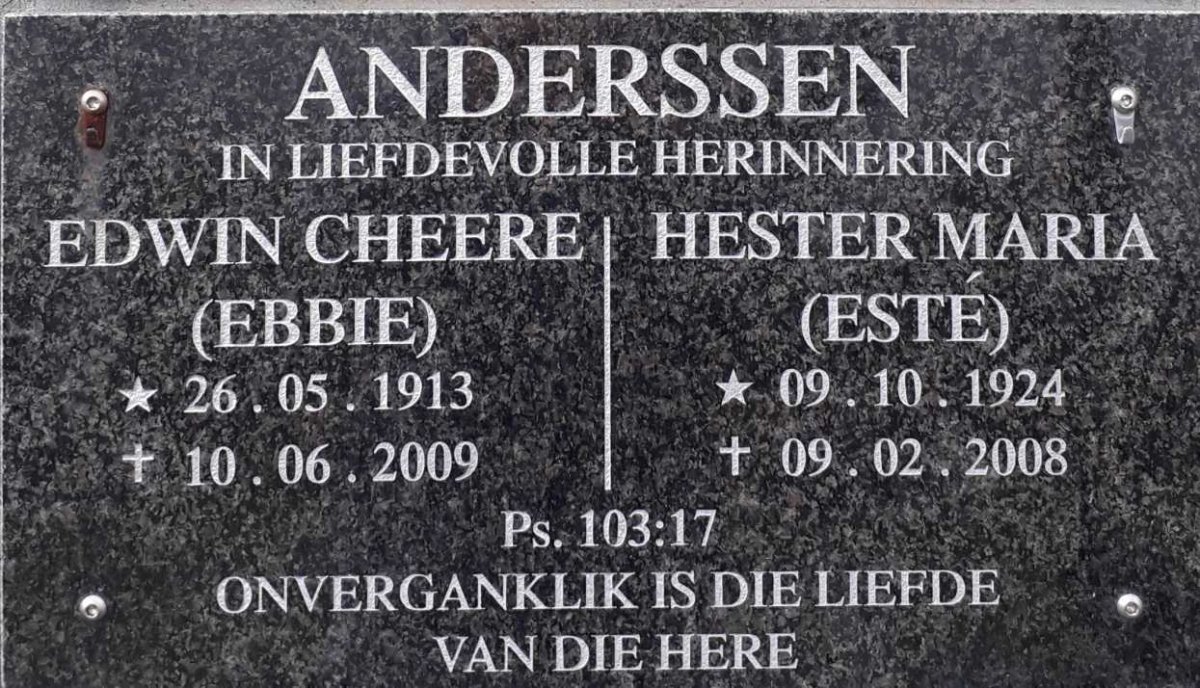 ANDERSSEN Edwin Cheere 1913-2009 &amp; Hester Maria 1924-2008