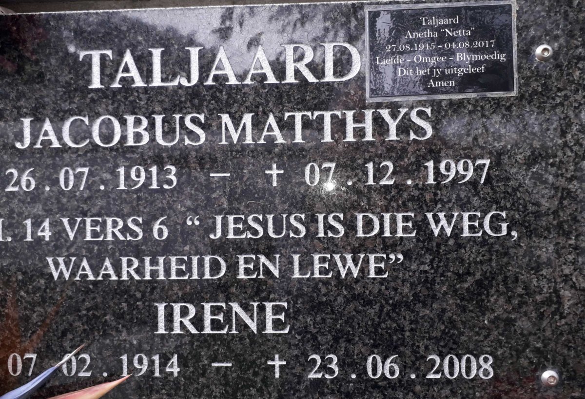 TALJAARD Jacobus Matthys 1913-1997 &amp; Irene 1914-2008