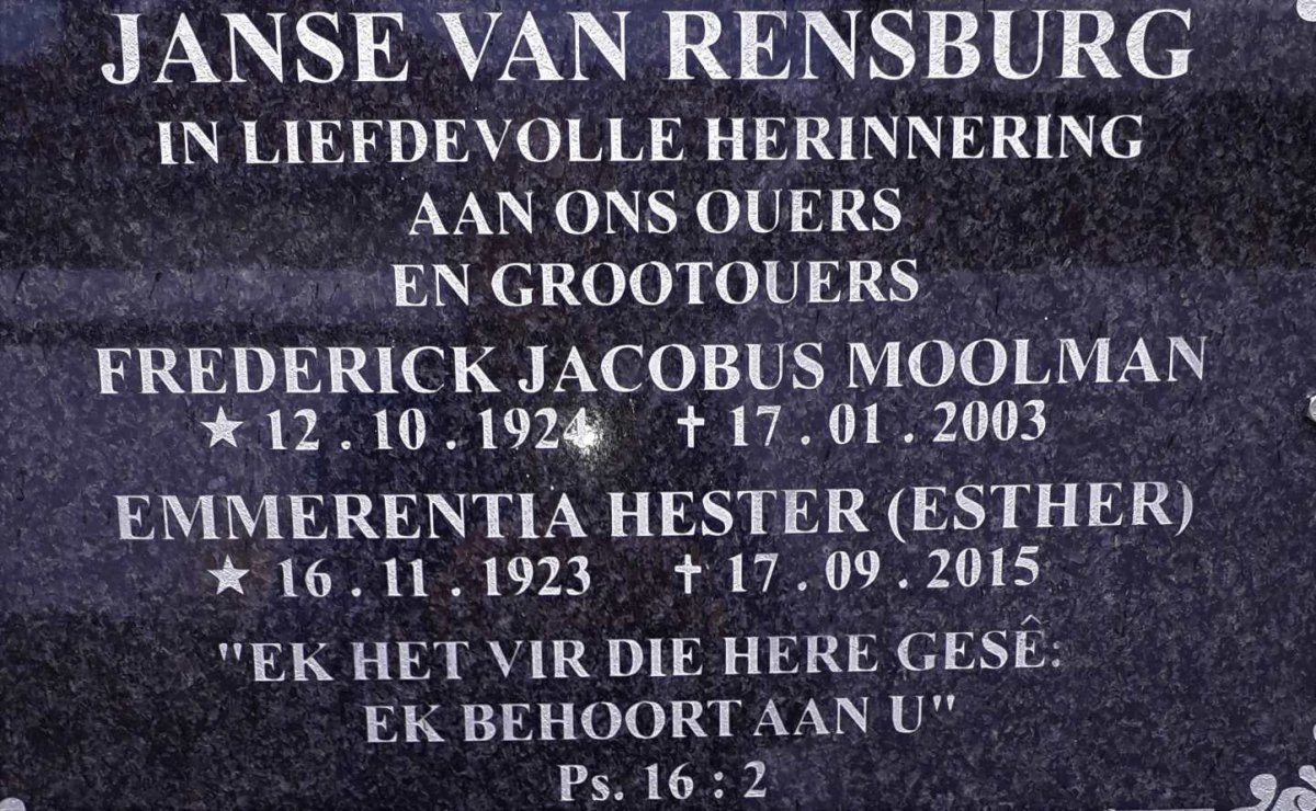RENSBURG Frederick Jacobus Moolman, Janse van 1924-2003 &amp; Emmerentia Hester 1923-2015