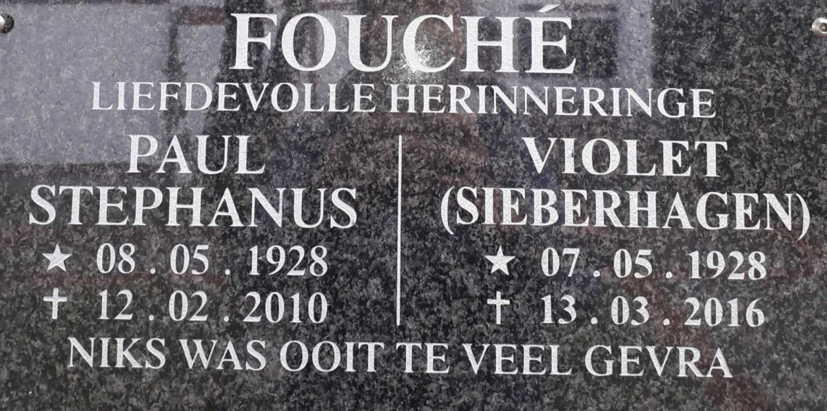FOUCHE Paul Stephanus 1928-2010 &amp; Violet SIEBERHAGEN 1928-2016