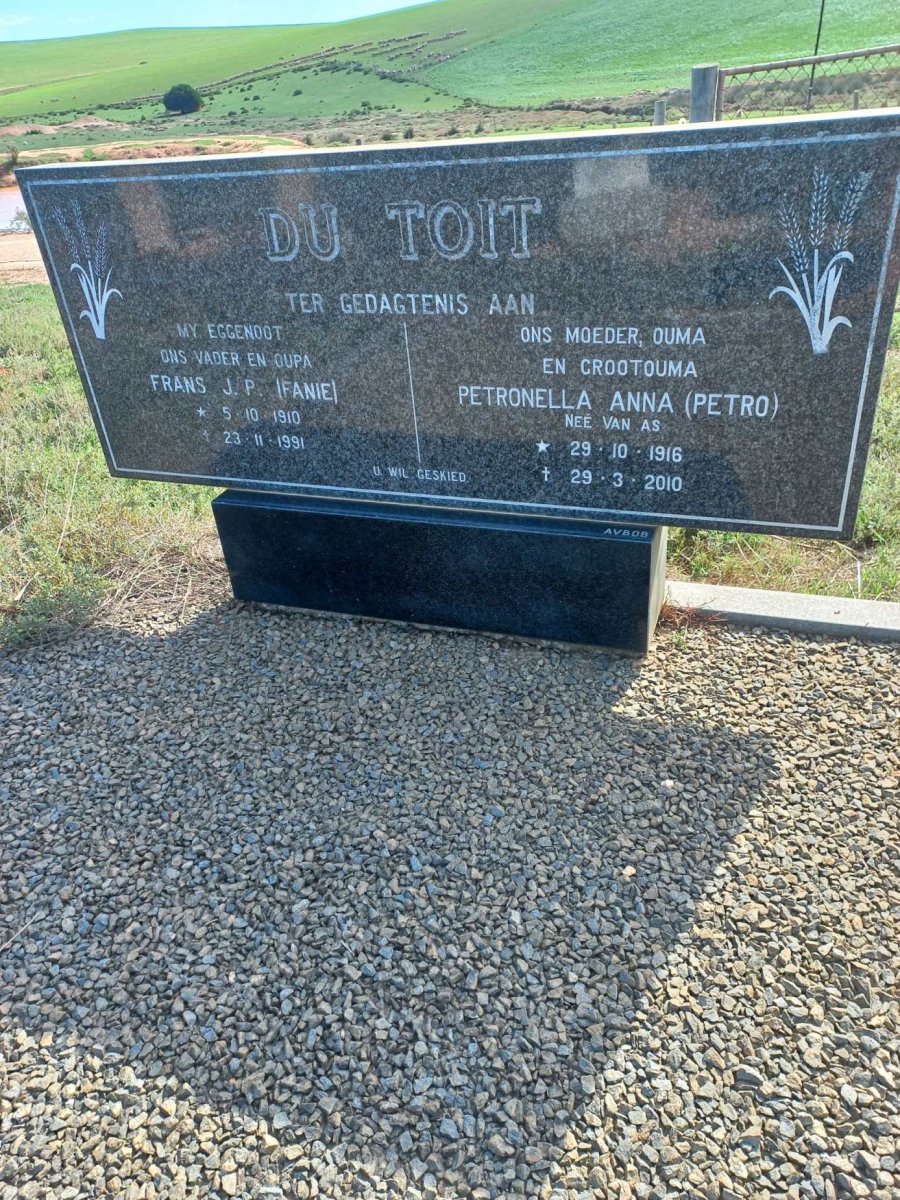 TOIT Frans J.P., du 1910-1991 &amp; Petronella Anna VAN AS 1916-2010