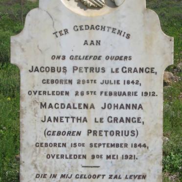 GRANGE Jacobus Petrus, le 1842-1912 &amp; Magdalena Johanna Janettha PRETORIUS 1844-1921
