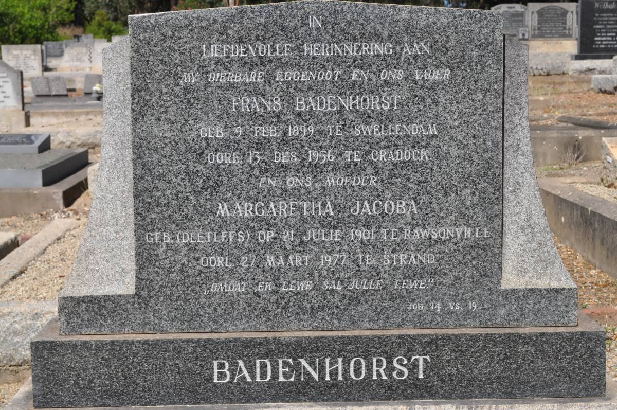 BADENHORST Frans 1899-1956 &amp; Margaretha Jacoba DEETLEFS 1901-1977