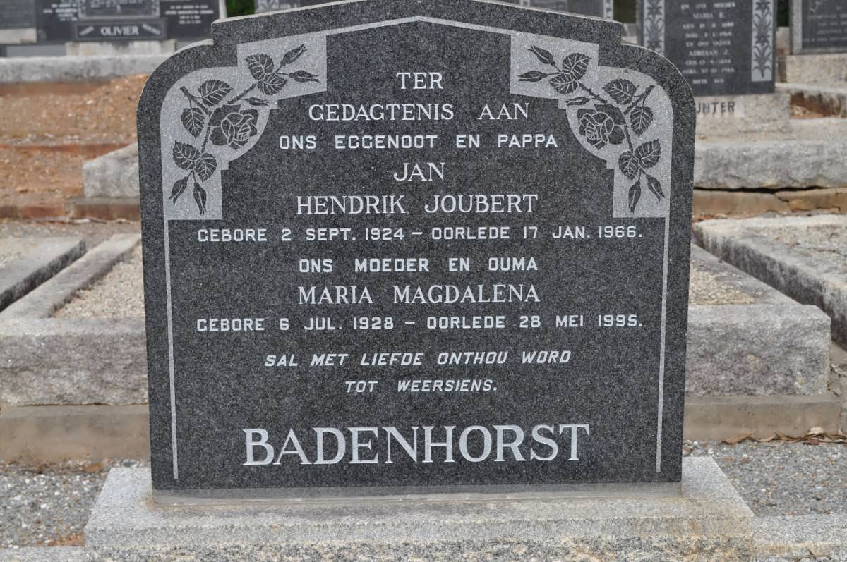 BADENHORST Jan Hendrik Joubert 1924-1966 &amp; Maria Magdalena 1928-1995