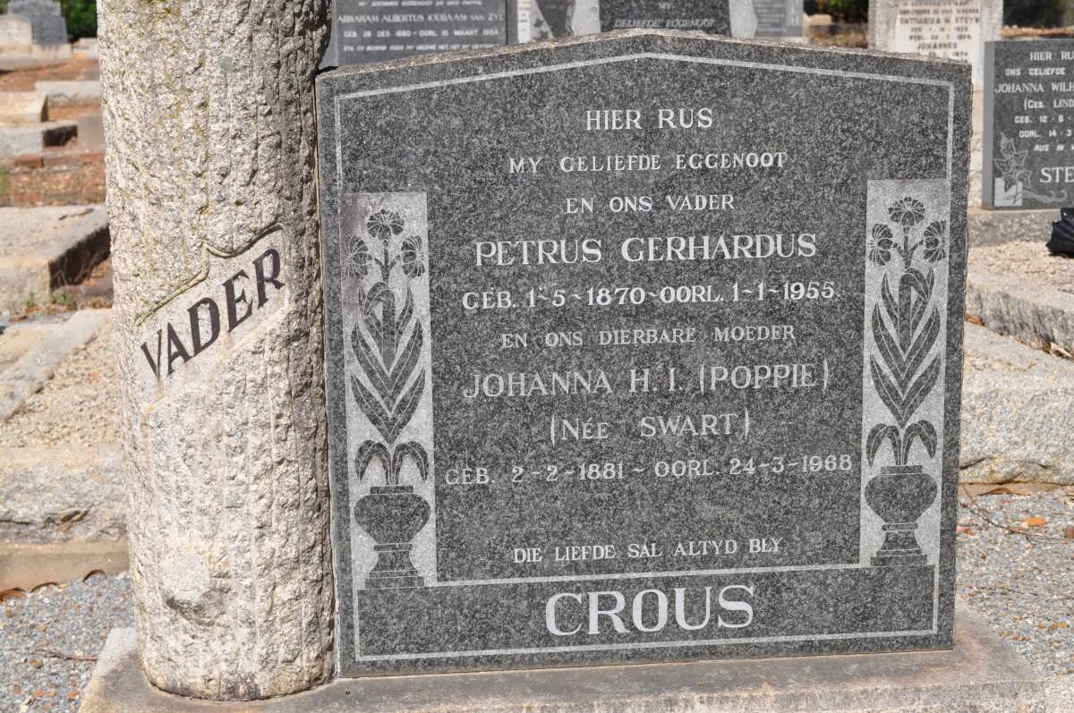 CROUS Petrus Gerhardus 1870-1955 &amp; Johanna H.I. SWART 1881-1968