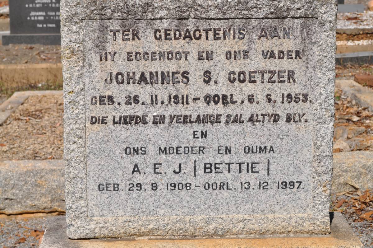 COETZER Johannes S. 1911-1953 &amp; A.E.J. 1908-1997