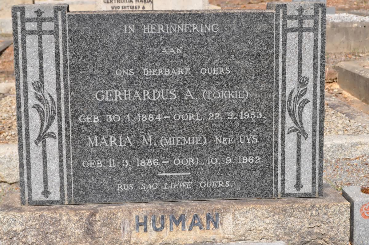 HUMAN Gerhardus A. 1884-1953 &amp; Maria M. UYS 1886-1962