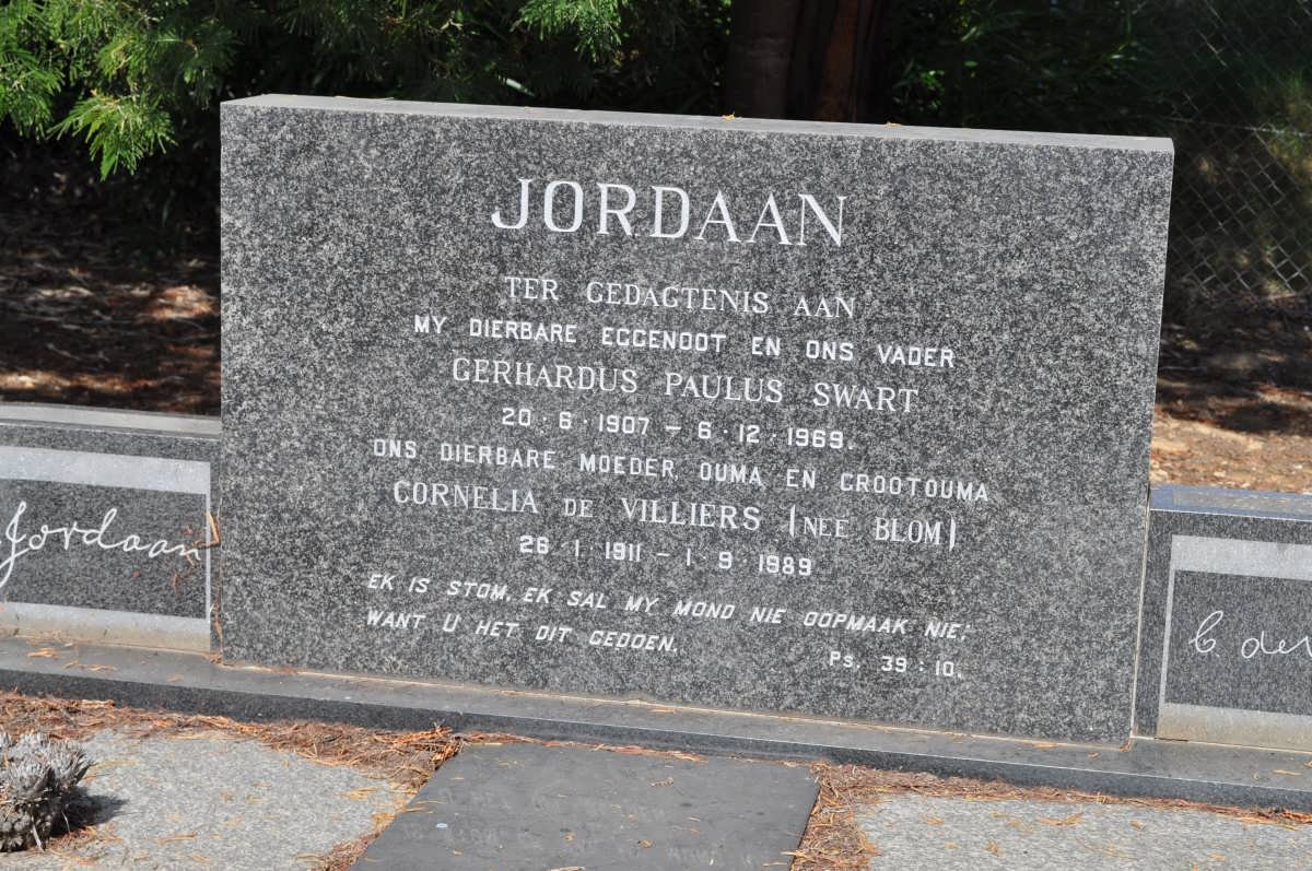 JORDAAN Gerhardus Paulus Swart 1907-1969 &amp; Cornelia De Villiers BLOM 1911-1989