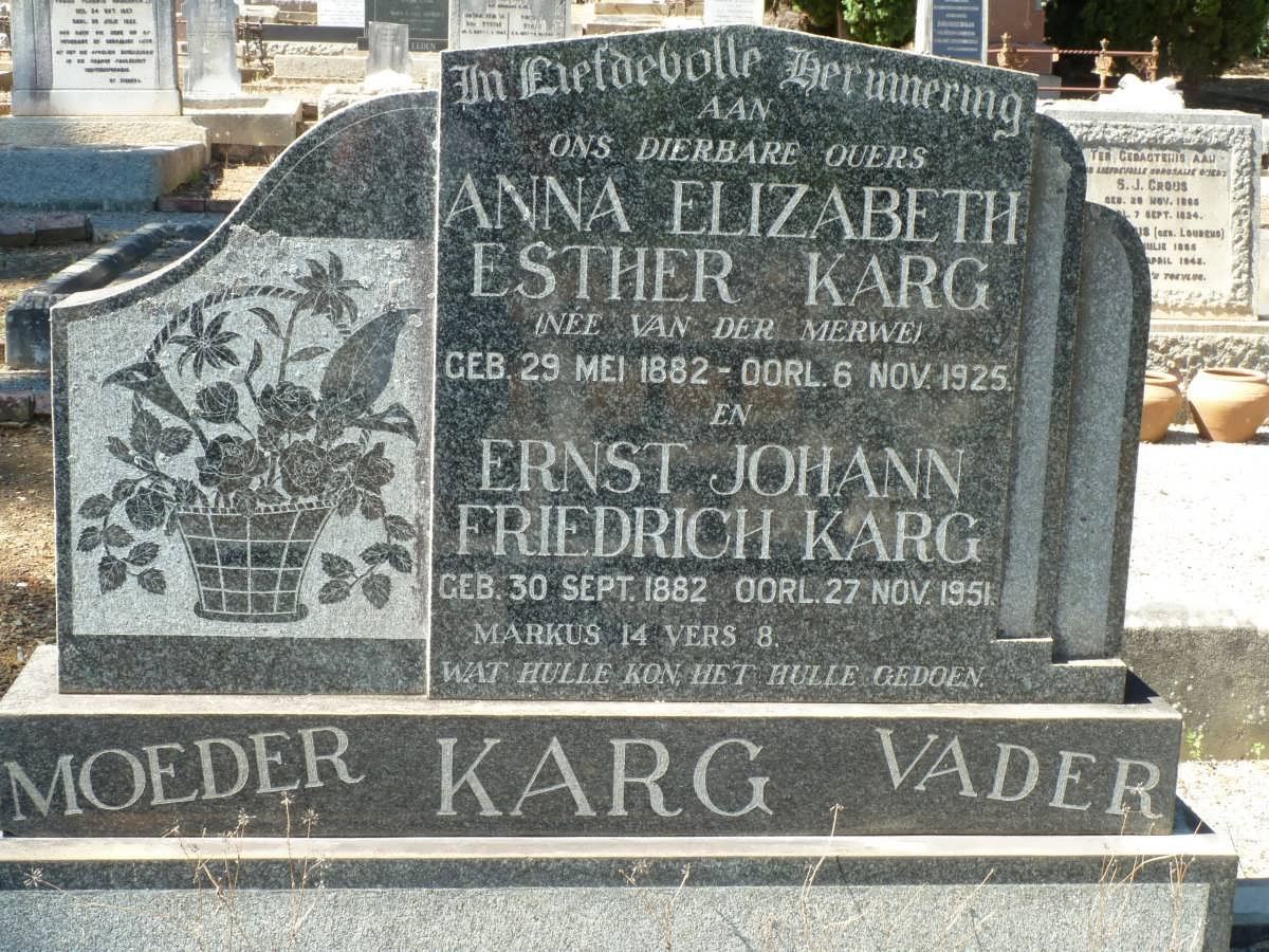 KARG Ernst Johann Friedrich 1882-1951 &amp; Anna Elizabeth Esther VAN DER MERWE 1882-1925