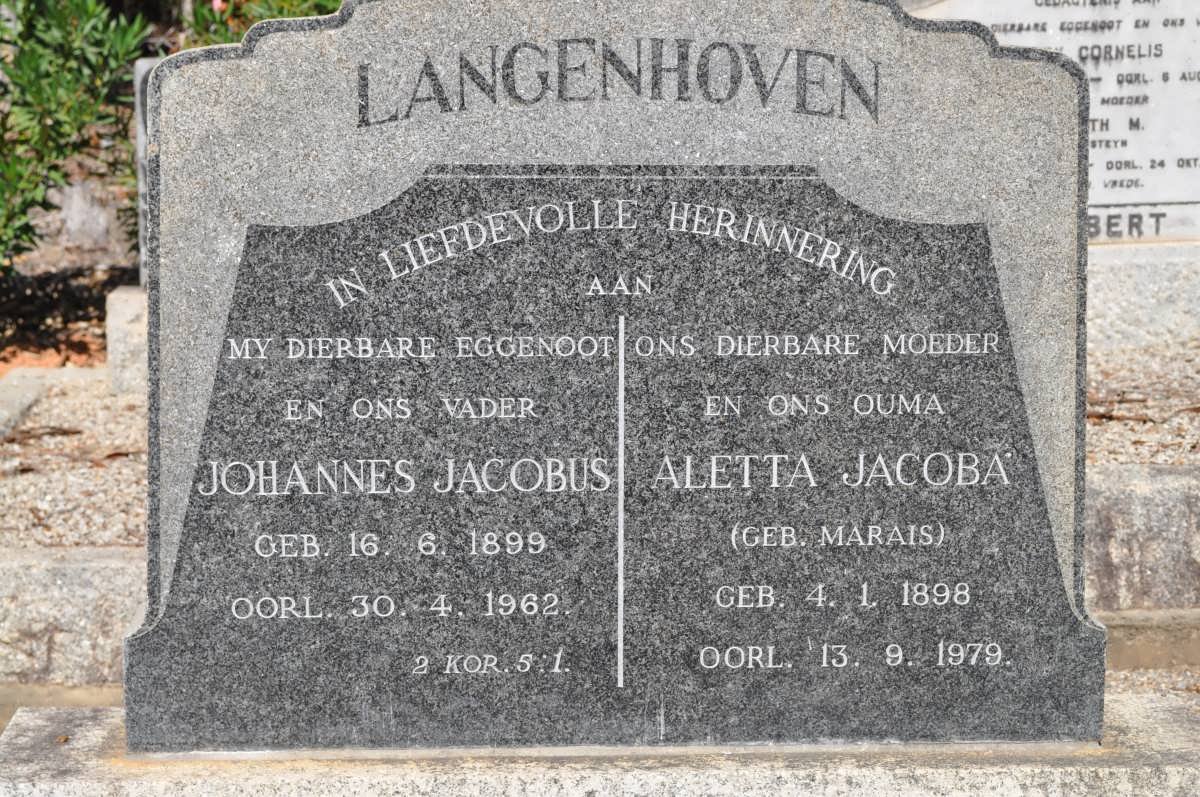 LANGENHOVEN Johannes Jacobus 1899-1962 &amp; Aletta Jacoba MARAIS 1898-1979