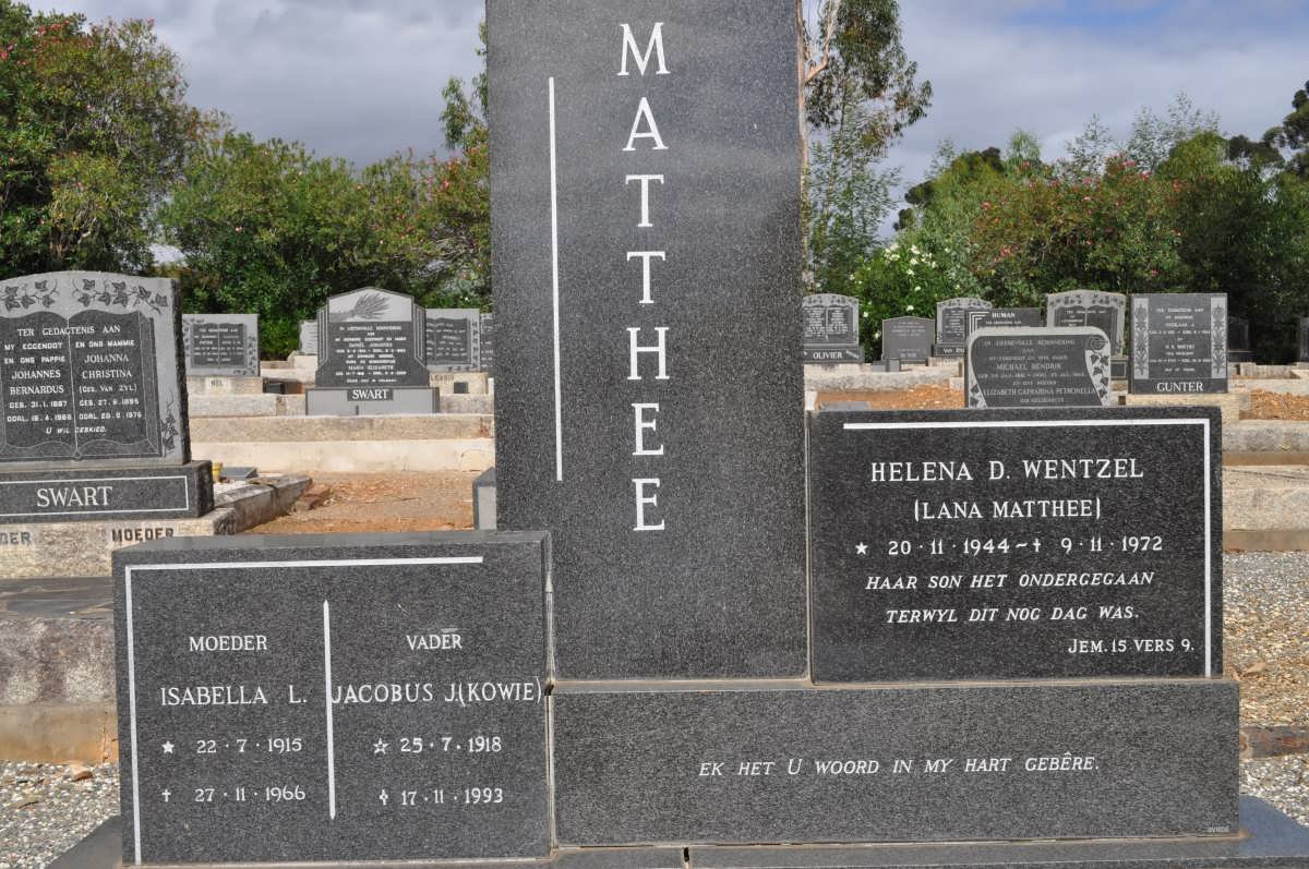 MATTHEE Jacobus J. 1918-1993 &amp; Isabella L. 1915-1966 :: WENTZEL Helena D. nee MATTHEE 1944-1972