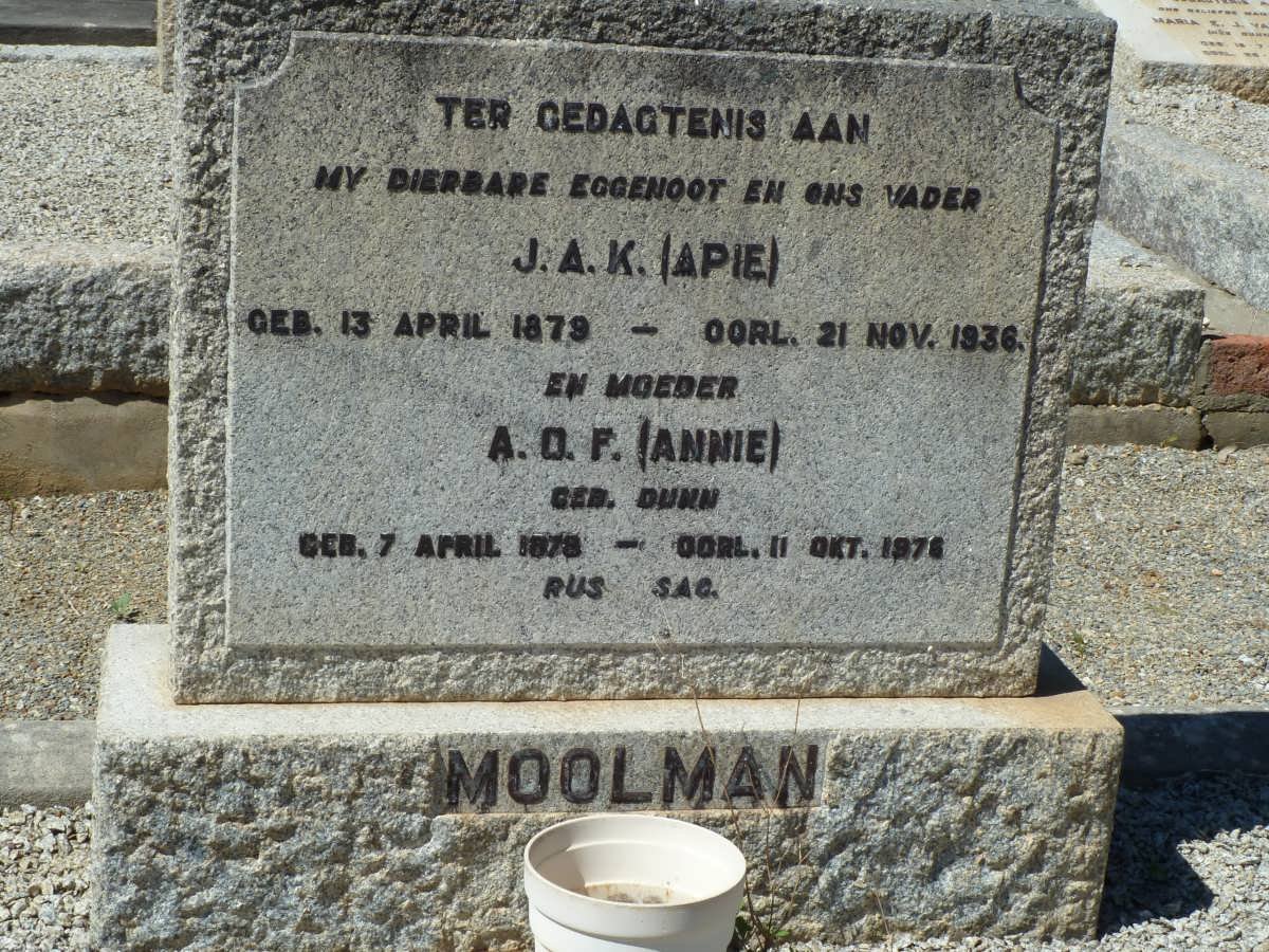 MOOLMAN J.A.K. 1879-1936 &amp; A.O.F DUNN 1878-1976