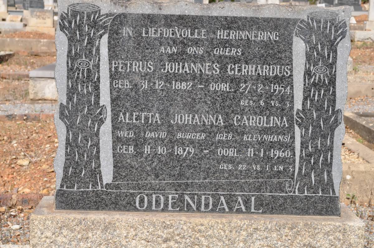 ODENDAAL Petrus Johannes Gerhardus 1882-1954 &amp; Aletta Johanna Carolina previously BURGER nee KLEYNHANS 1879-1960