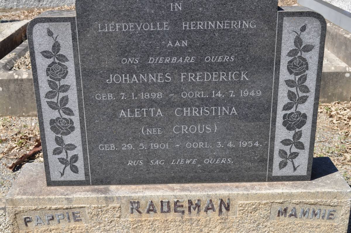 RADEMAN Johannes Frederick 1898-1949 &amp; Aletta Christina CROUS 1901-1954
