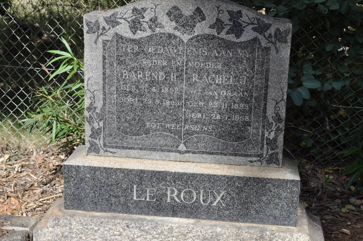 ROUX Barend H., le 1892-1963 &amp; Rachel J. VAN GRAAN 1895-1958