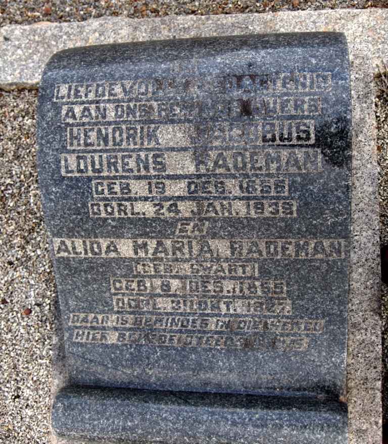 RADEMAN Hendrik Jacobus Lourens 1856-1939 &amp; Alida Maria SWART 1855-1927