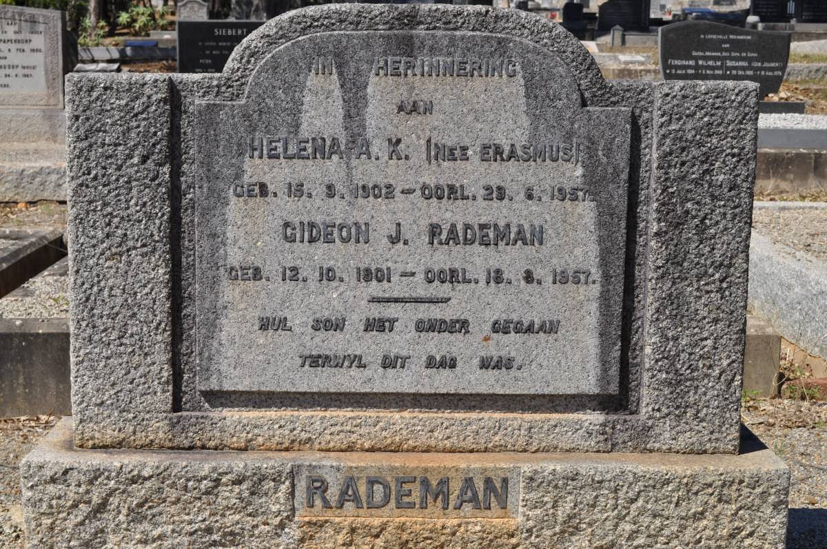 RADEMAN Gideon J. 1901-1957 &amp; Helena K. ERASMUS 1902-1957