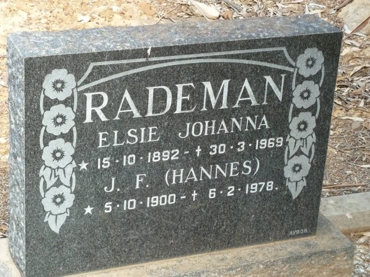 RADEMAN J.F. 1900-1978 &amp; Elsie Johanna 1892-1969