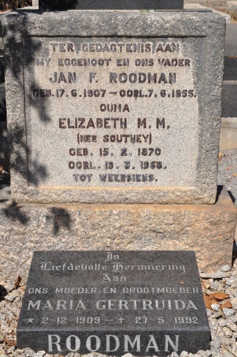 ROODMAN Jan F. 1907-1955 &amp; Elizabeth M.M. SOUTHEY 1870-1958 :: ROODMAN Maria Gertruida 1909-1992