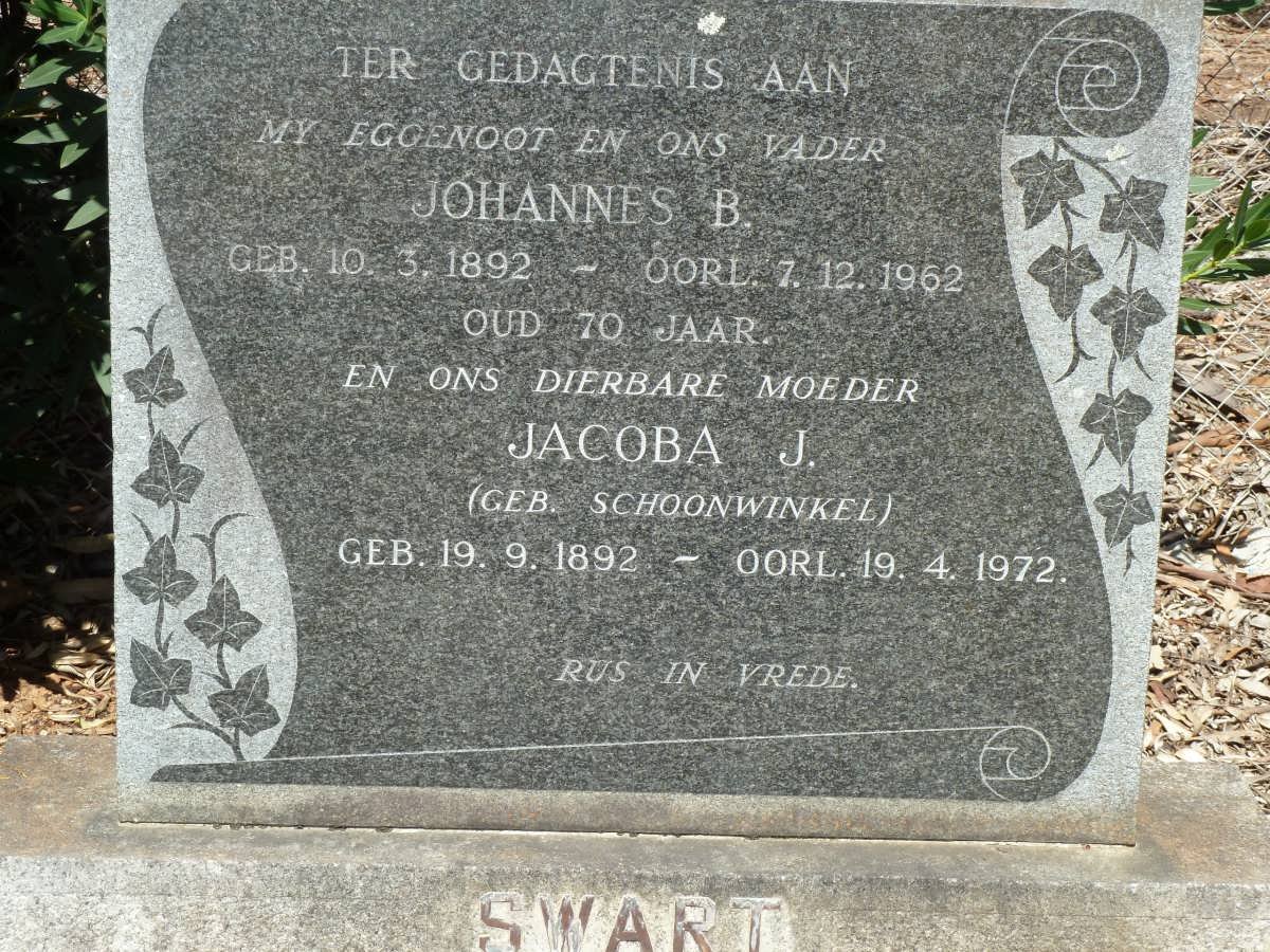 SWART Johannes B. 1892-1962 &amp; Jacoba J. SCHOONWINKEL 1892-1972